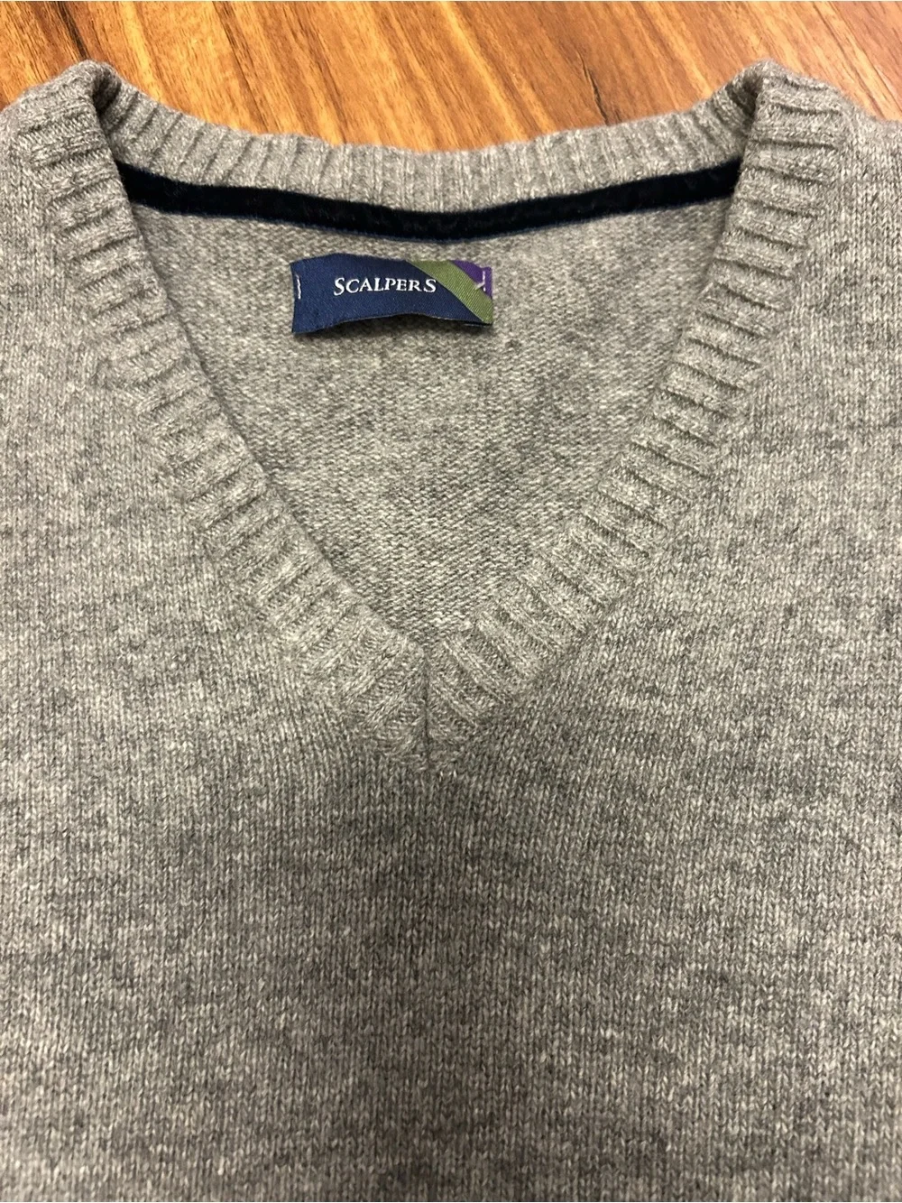 Scalpers Men’s Wool V Neck Grey Skull Logo With Patches On Arm XL